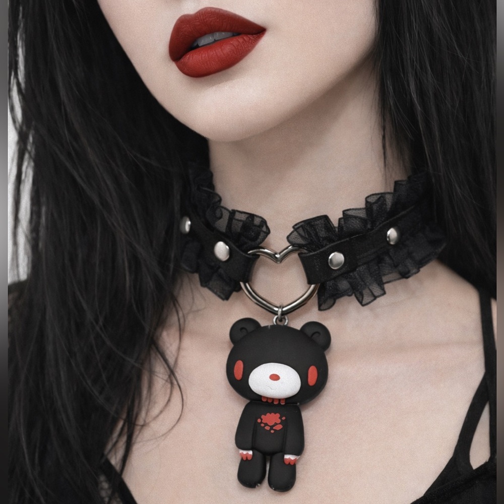 Bloody Bear Pendant Riveted Studded Faux Leather Choker Collar Necklace Black